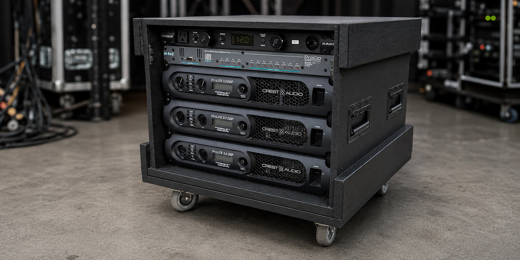 Crest Pro 200 reference amplifier rack-mounted, brushed faceplate catching low light.